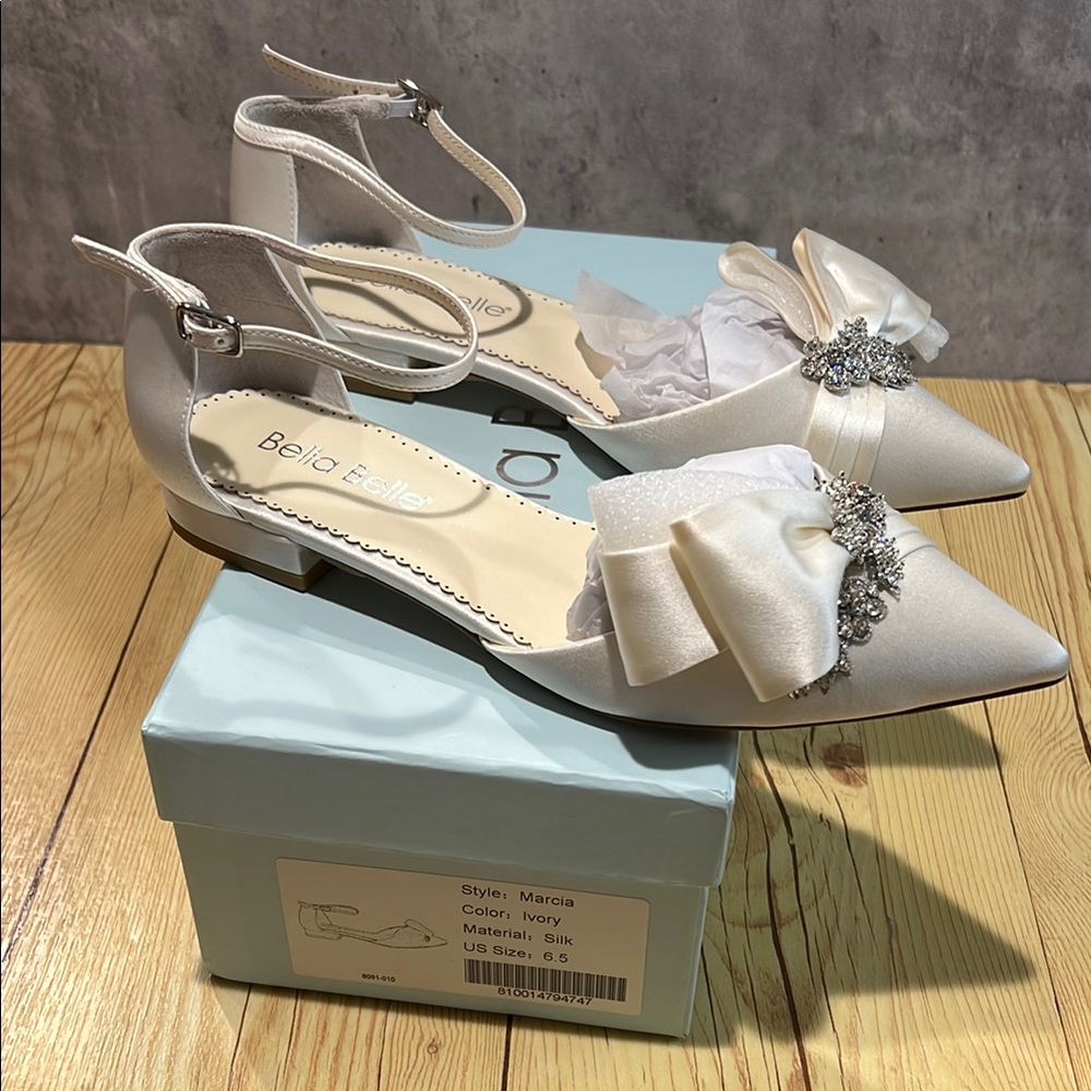 La Belle Satin Ivory Heels with Rhinestone Bow - Picture 4 of 7